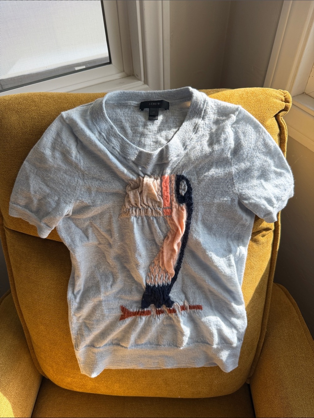 J. Crew Light Blue Short-Sleeve Toucan Applique Sweater